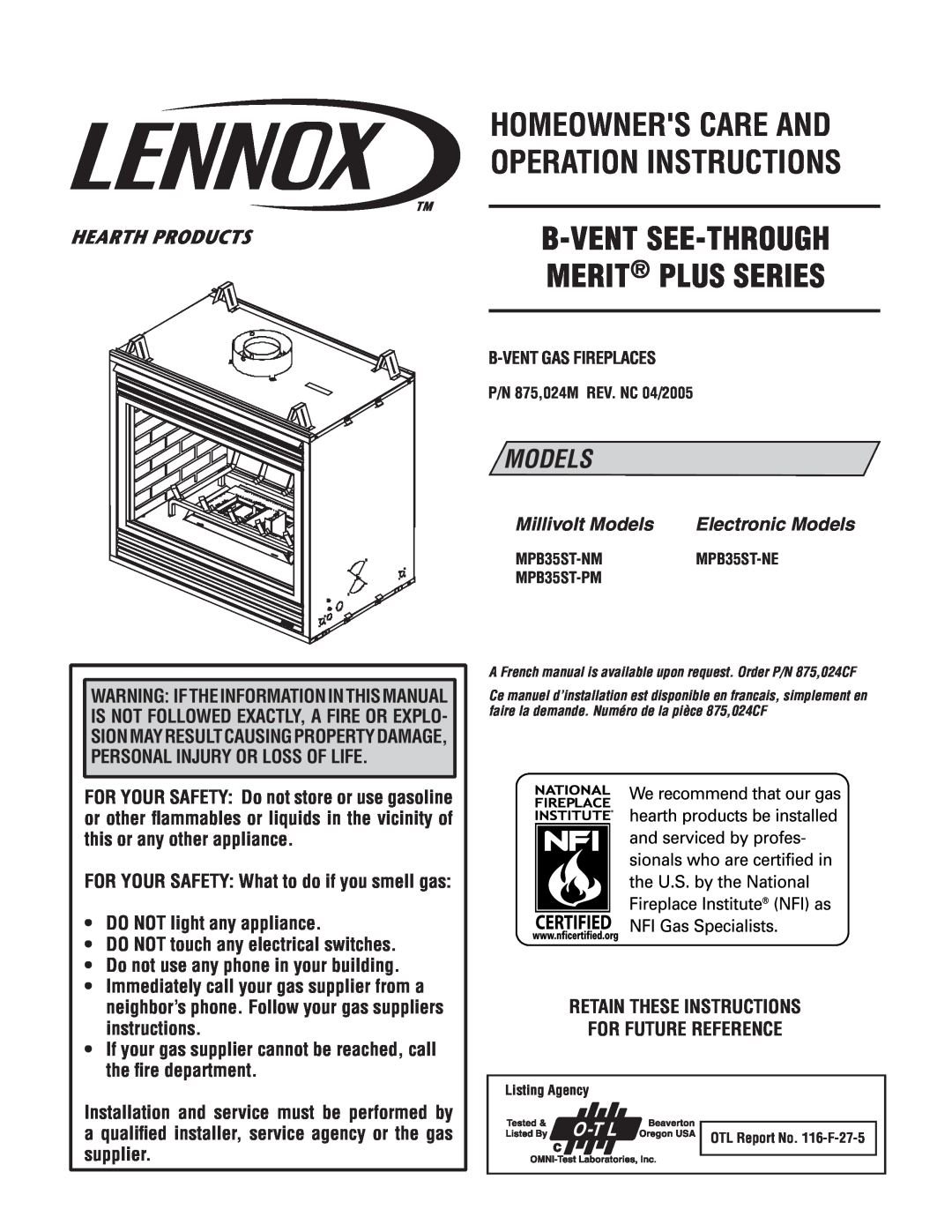 Lennox International Inc MPB35ST-NM manual Millivolt Models, Electronic Models, Homeowners Care And Operation Instructions 