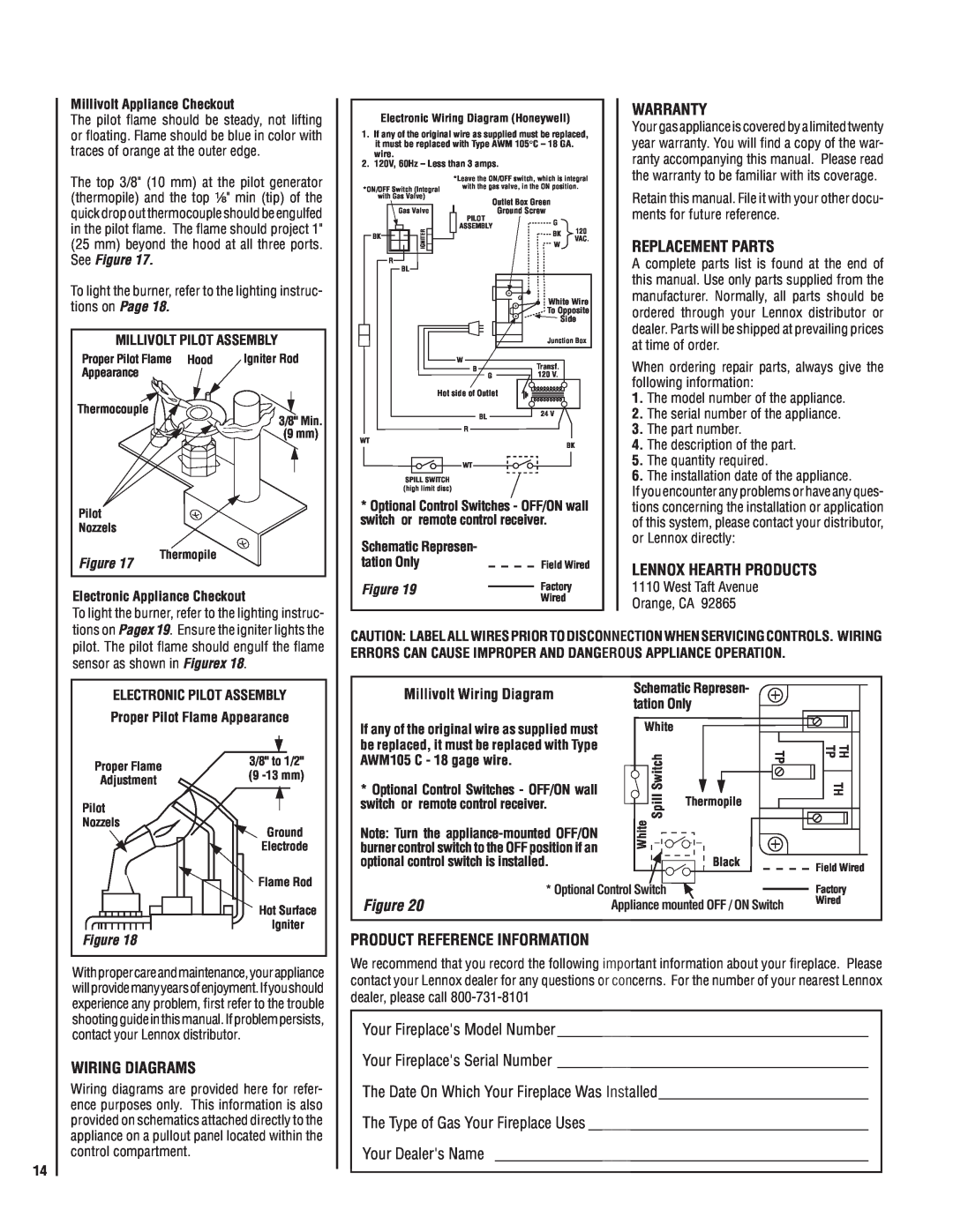 Lennox International Inc MPB35ST-NM manual Warranty, Replacement Parts, Lennox Hearth Products, Millivolt Wiring Diagram 