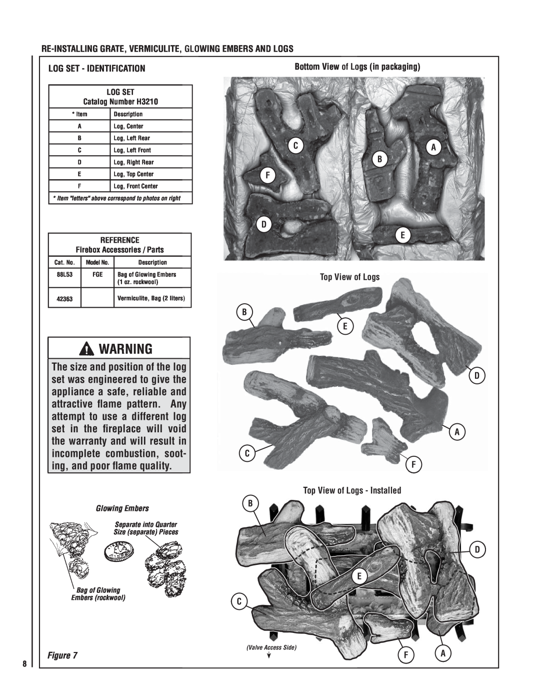 Lennox International Inc MPB35ST-NM manual Log Set - Identification, Ca B F, D E Top View of Logs B E D A C F 