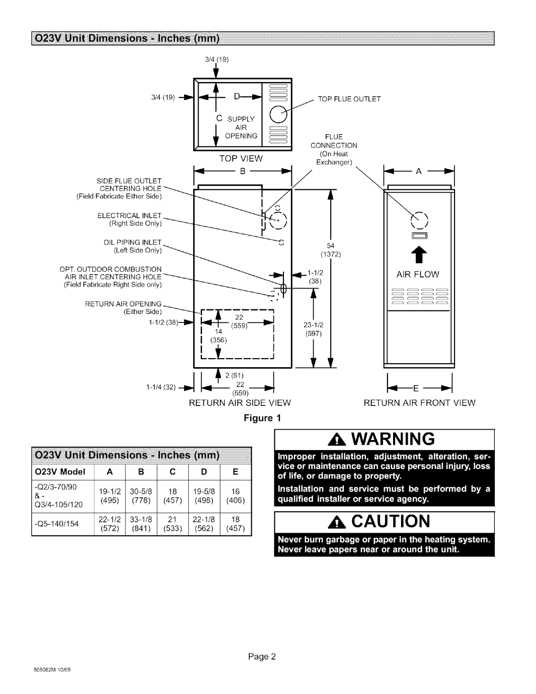 Lennox International Inc O23V-70, O23V5-140, O23V5-154, O23V4-120 O23V Model, Supply TOP Flue Outlet Side Flue Outlet 