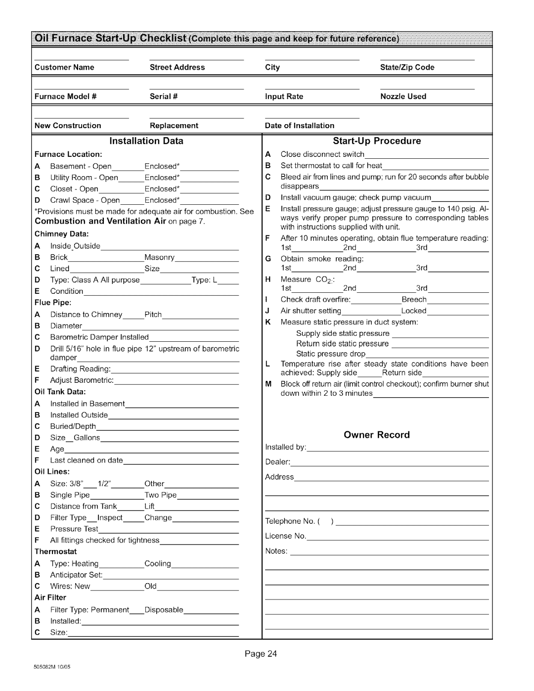 Lennox International Inc O23V3-90, O23V5-140, O23V5-154 Replacement, Installation Data Start-Up Procedure, Owner Record 