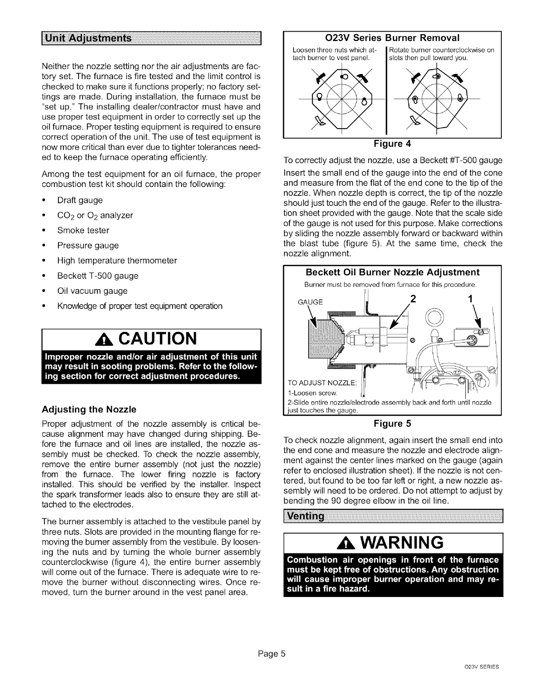 Lennox International Inc O23V-120, O23V5-140, O23V5-154 O23V Series Burner Removal, Beckett Oil Burner Nozzle Adjustment 