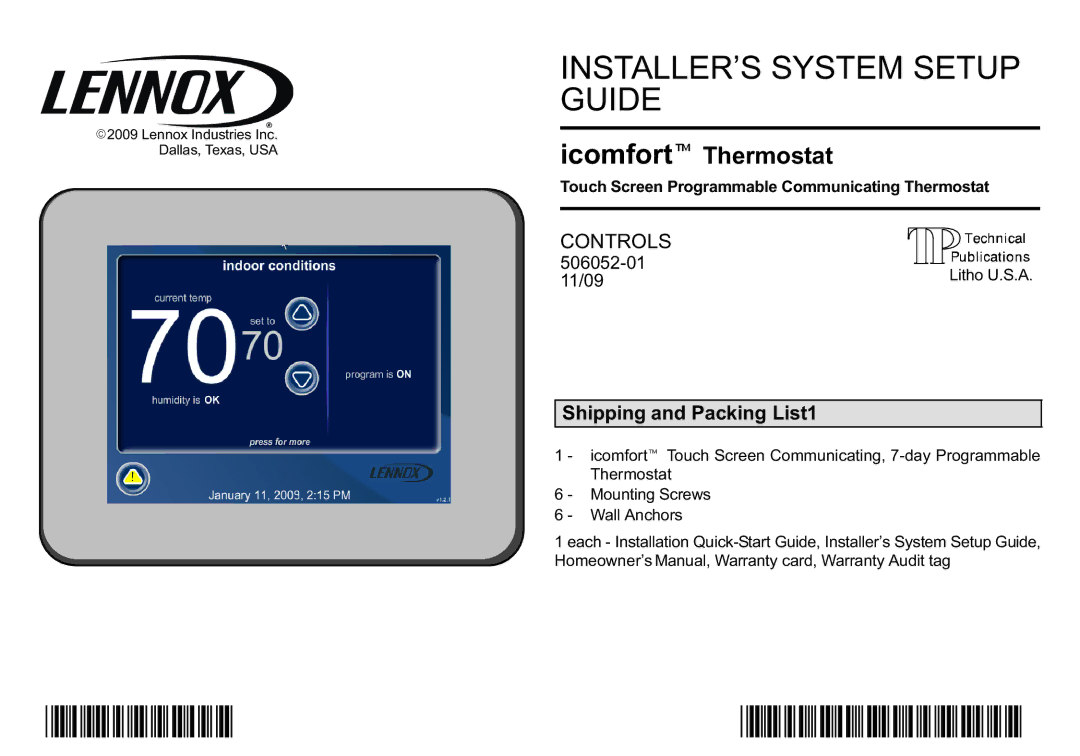 Lennox International Inc 2P1109, P506052-01 setup guide Controls 506052−01, Shipping and Packing List1, 11/09 