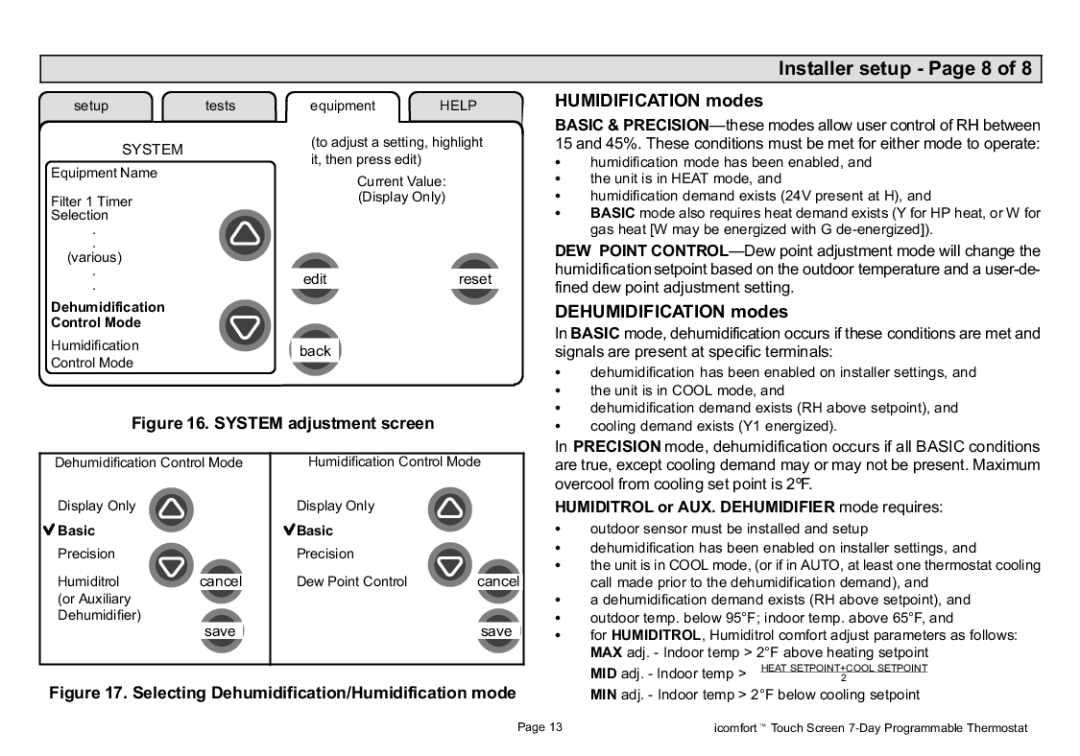 Lennox International Inc 2P1109, P506052-01 Installer setup − Page 8, Humidification modes, Dehumidification modes 