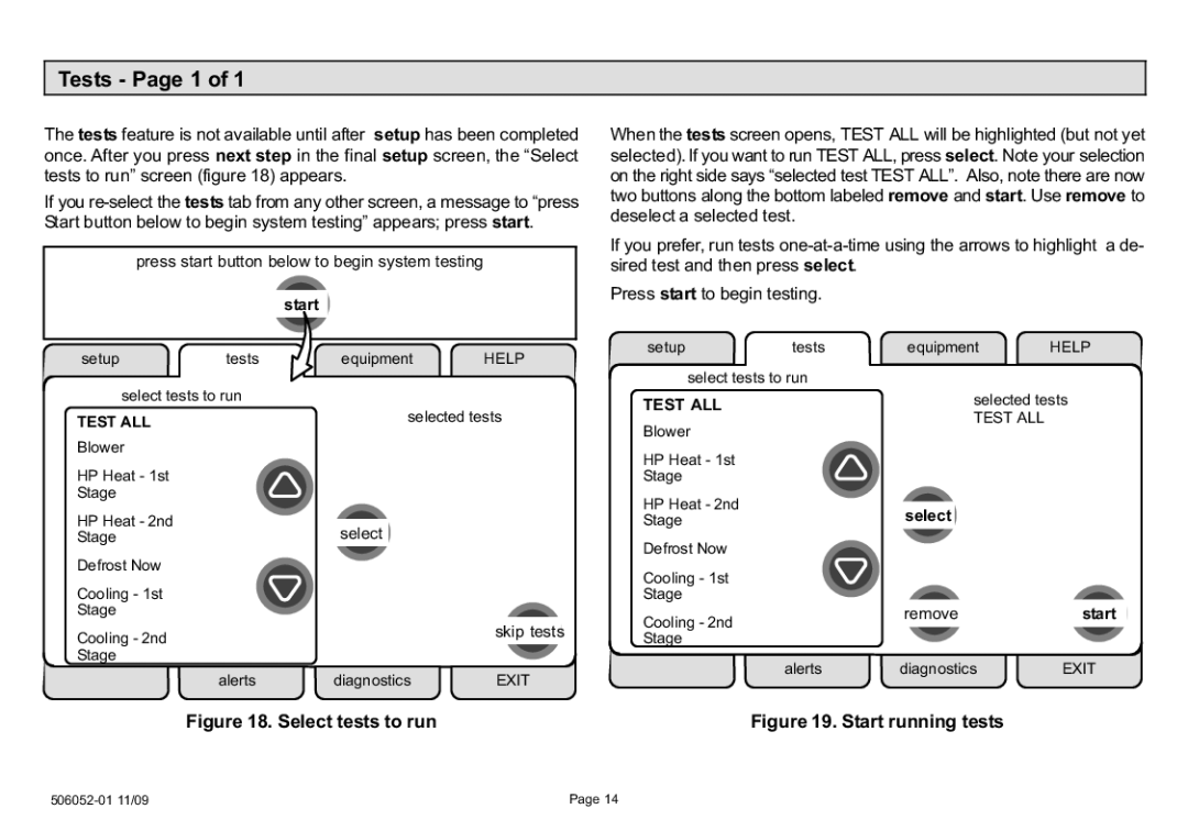 Lennox International Inc Touch Screen Programmable Communicating Thermostat Tests − Page 1, Tests to run screen appears 