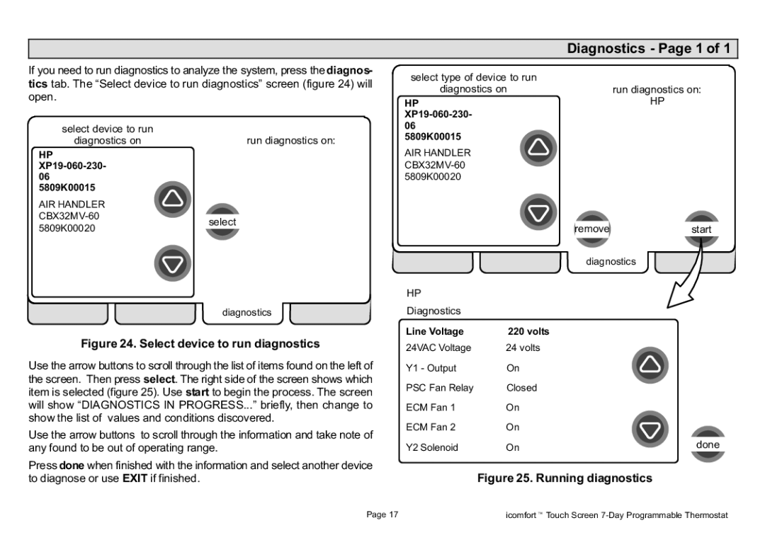 Lennox International Inc Touch Screen Programmable Communicating Thermostat Diagnostics − Page 1, Run diagnostics on, Done 