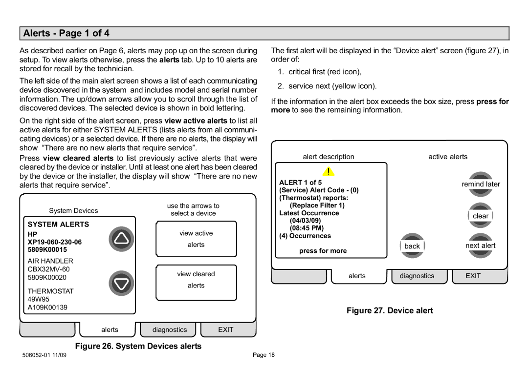 Lennox International Inc P506052-01, 2P1109 Alerts − Page 1, Alert description, Active alerts Remind later, Clear Back 