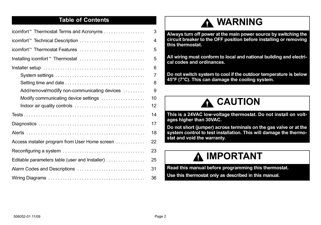 Lennox International Inc Touch Screen Programmable Communicating Thermostat, P506052-01, 2P1109 setup guide Table of Contents 