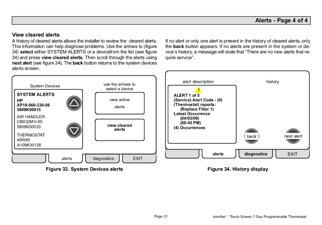 Lennox International Inc P506052-01, 2P1109 setup guide Alerts − Page 4, View cleared alerts 