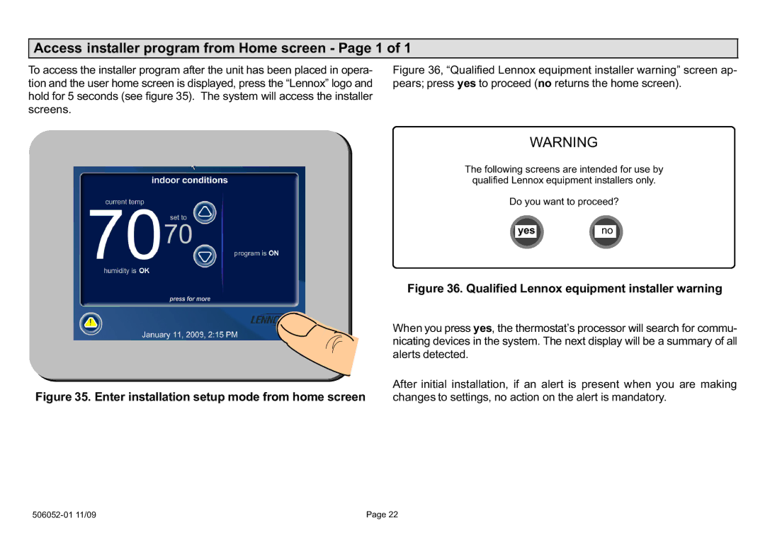 Lennox International Inc 2P1109, P506052-01 setup guide Access installer program from Home screen − Page 1 