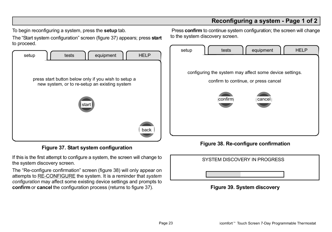 Lennox International Inc Touch Screen Programmable Communicating Thermostat Reconfiguring a system − Page 1, Start Back 