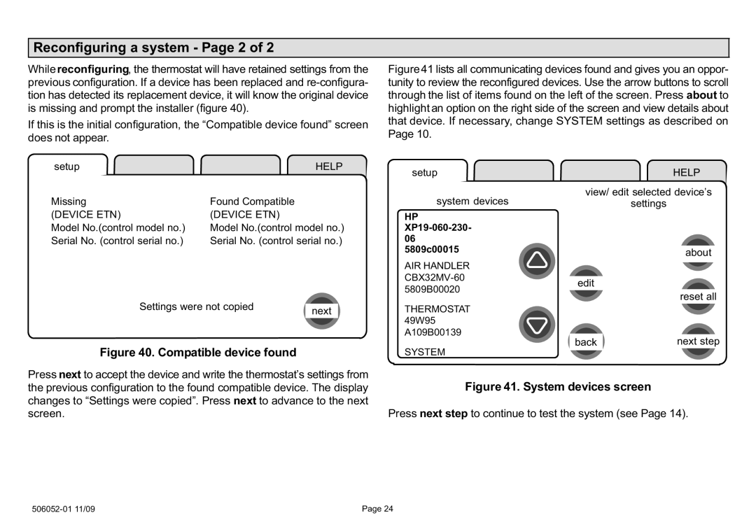 Lennox International Inc P506052-01, 2P1109 Reconfiguring a system − Page 2, Changes tonext to advance to the next screen 