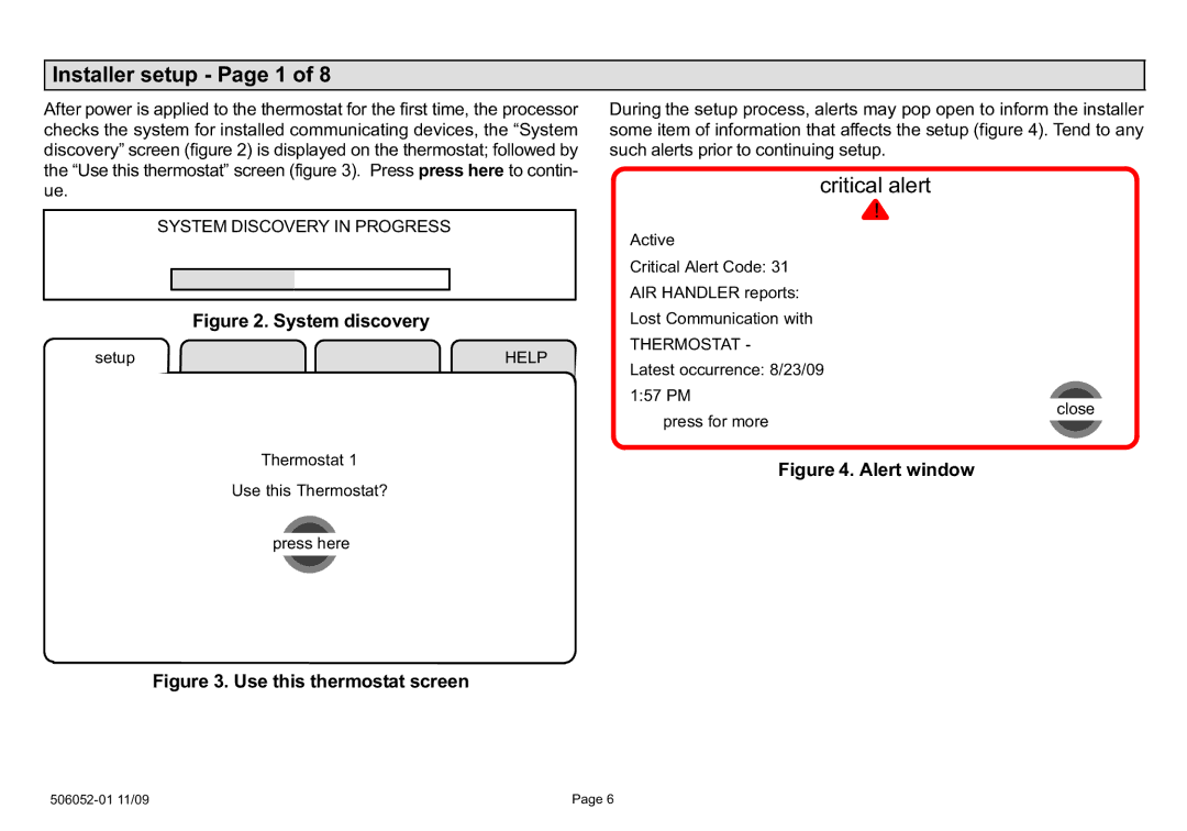 Lennox International Inc P506052-01, 2P1109 Installer setup − Page 1, Critical alert, Thepress here to contin- ue 