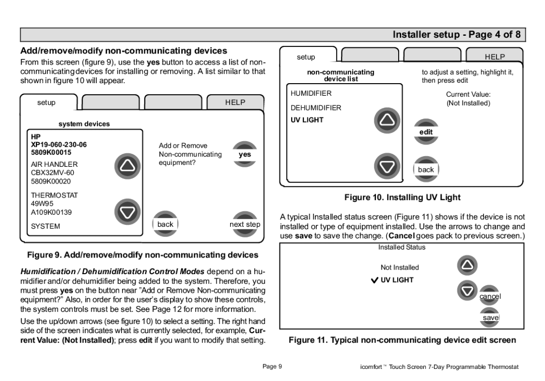 Lennox International Inc P506052-01, 2P1109 Installer setup − Page 4, Add/remove/modify non−communicating devices, Yes 