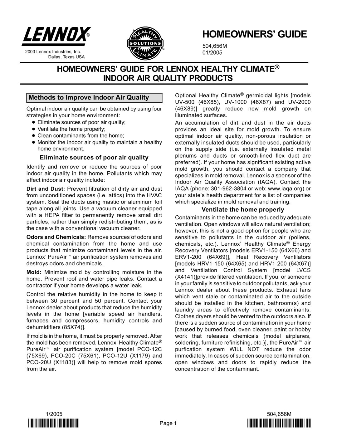 Lennox International Inc PCO-12C, PCO-20C manual HOMEOWNERS’ Guide, 2P0105 P504656M, Methods to Improve Indoor Air Quality 