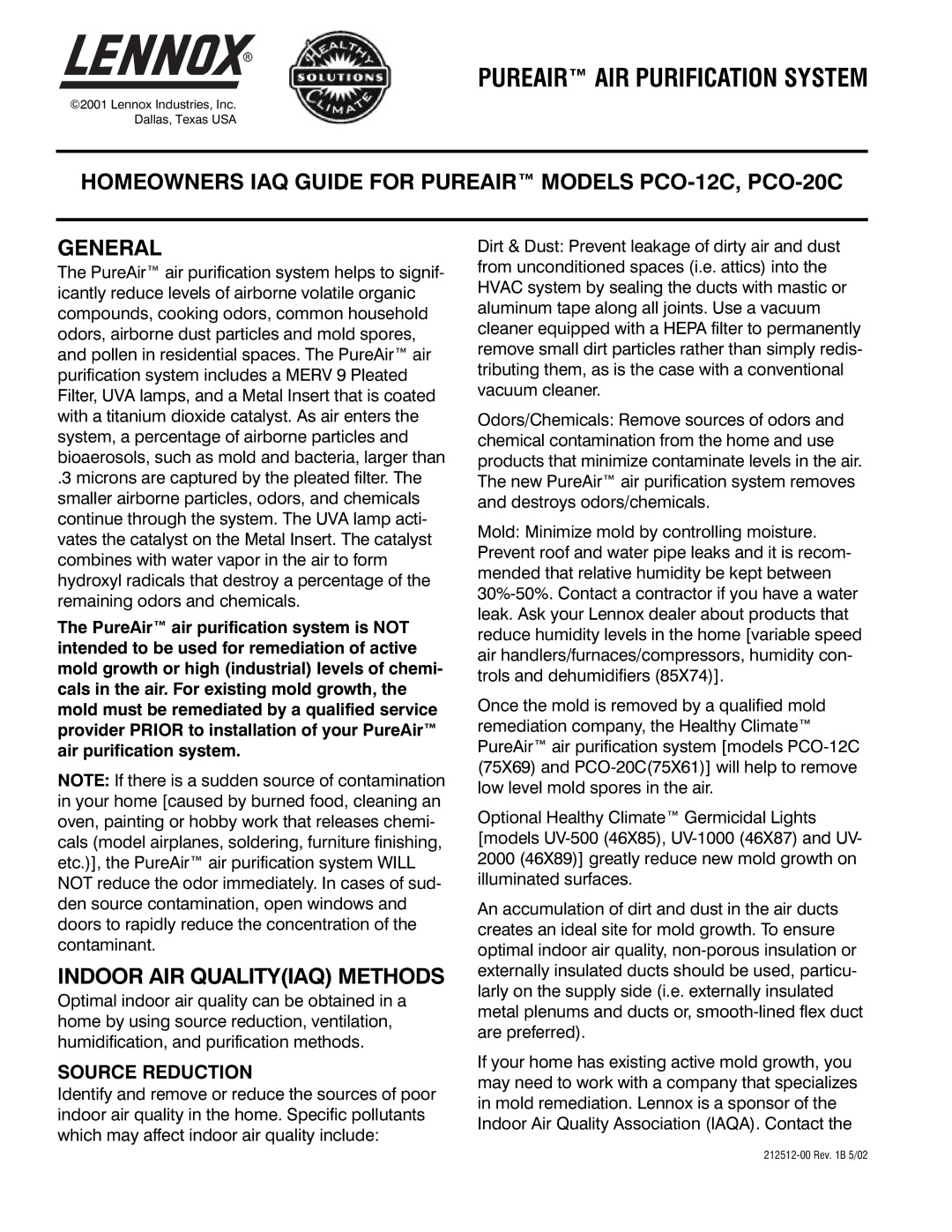 Lennox International Inc PCO-12C, PCO-20C manual Indoor AIR Qualityiaq Methods, Source Reduction 