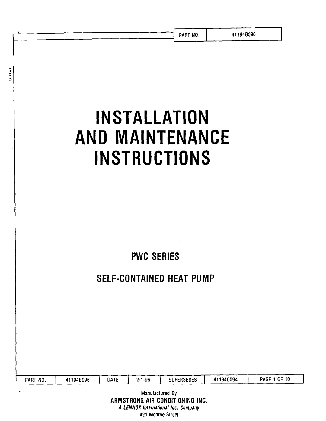 Lennox International Inc PWC18E14.7, PWC24E9.2, PWC302 Armstrong AIR Conditioning INC, LENNOXInternationalInc. Company 