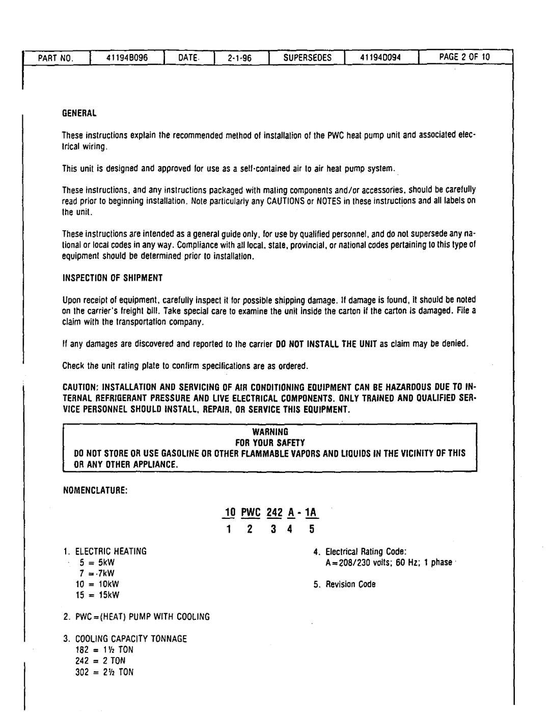 Lennox International Inc PWC24E9.2, PWC302, PWC183 PWC 242 A-1A, General, Inspectionof Shipment, Electric Heating, = .7kW 