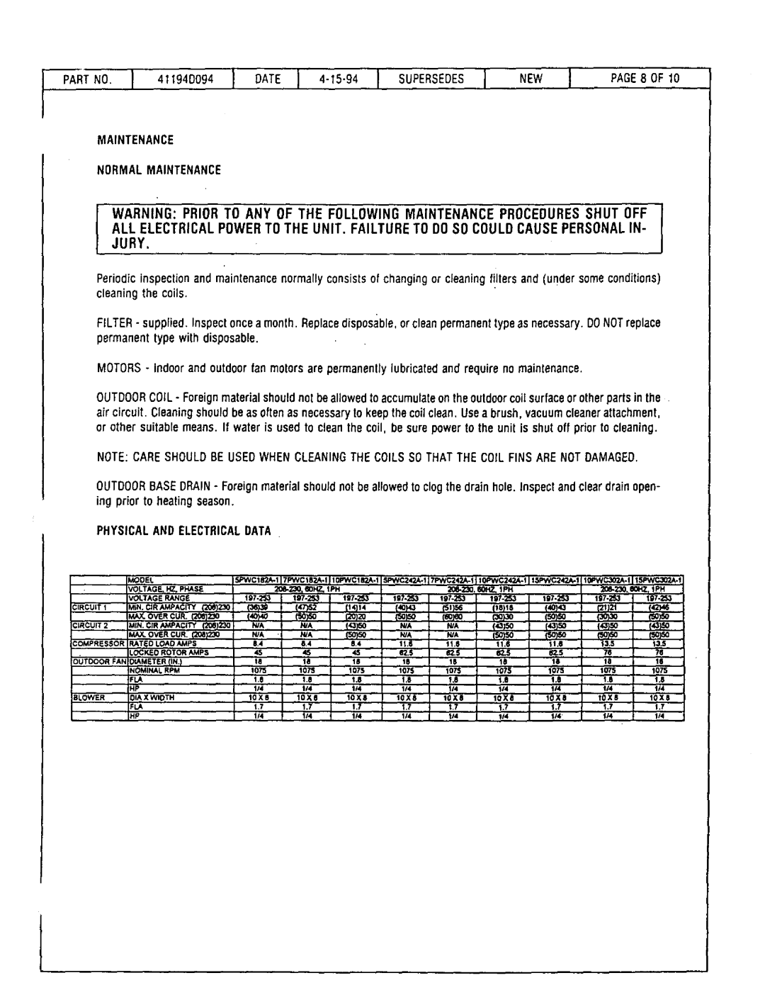 Lennox International Inc PWC182, PWC24E9.2, PWC302, PWC24E14.7, PWC24E4.8 Normal Maintenance, Physicaland Electricaldata 