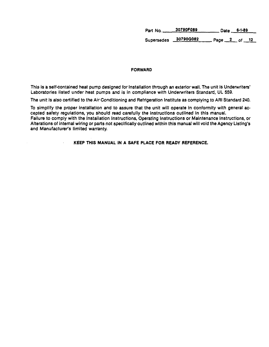 Lennox International Inc PWC302, PWC24E9.2, PWC24E14.7, PWC183 Forward, Keep this Manual in a Safe Place for Ready Reference 