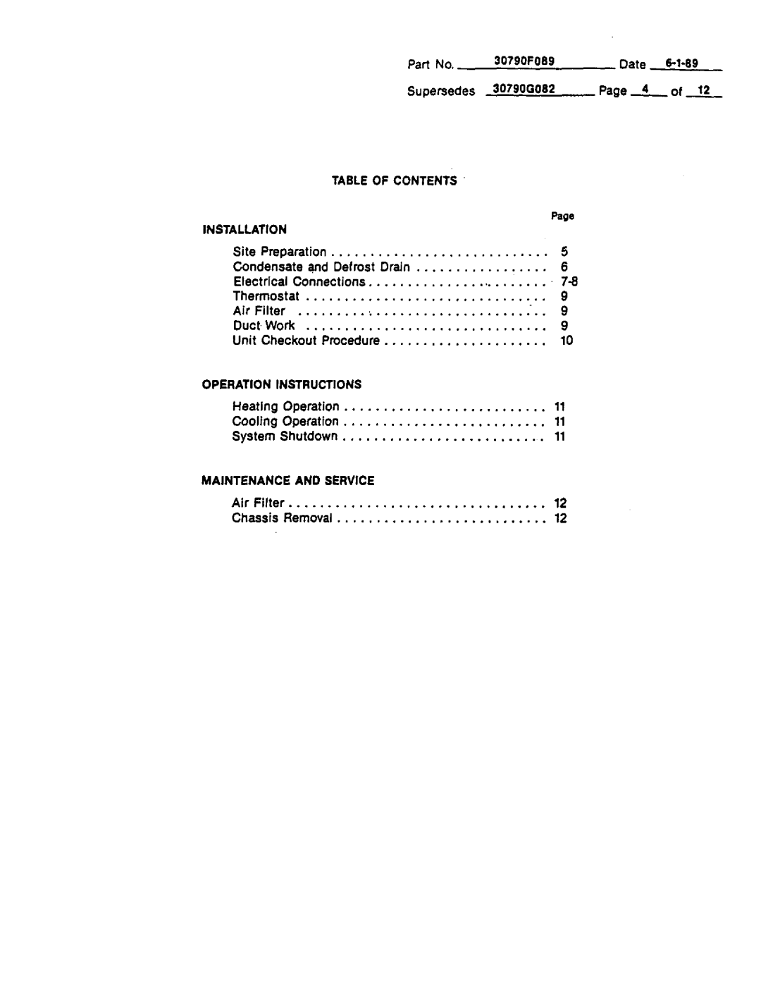 Lennox International Inc PWC24E4.8 30?90F089 Date 149 Supersedes, Table of Contents Installation, Operation Instructions 