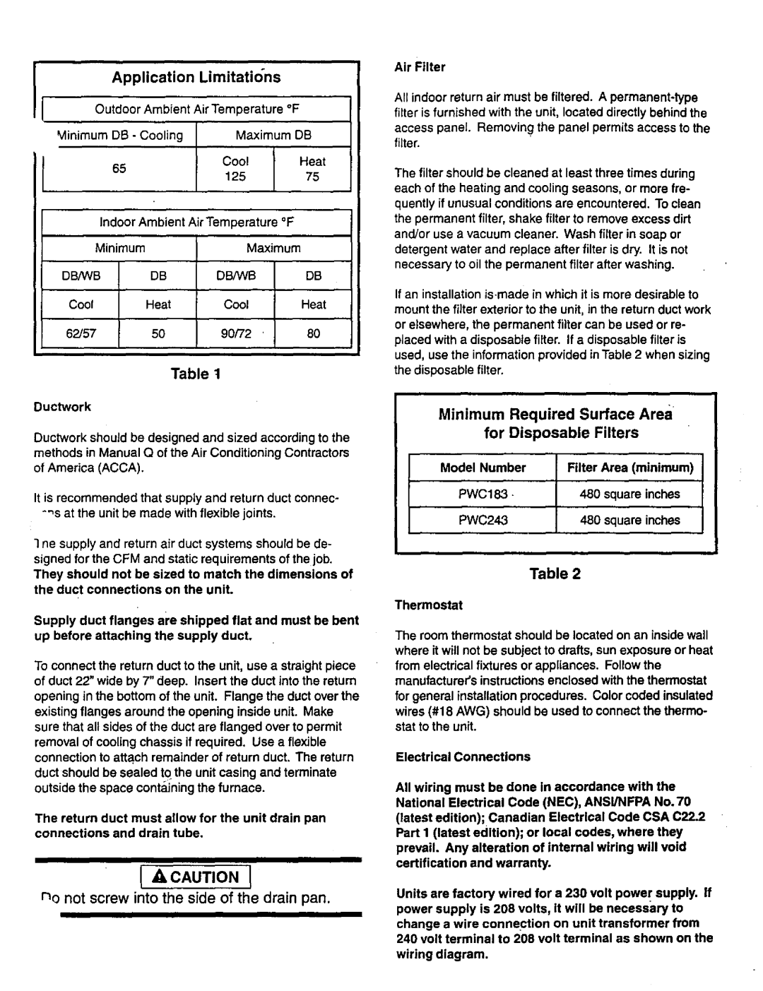 Lennox International Inc PWC18E9.2, PWC24E9.2, PWC302, PWC24E14.7, PWC24E4.8 Application Limitations, AirFilter, Table t 