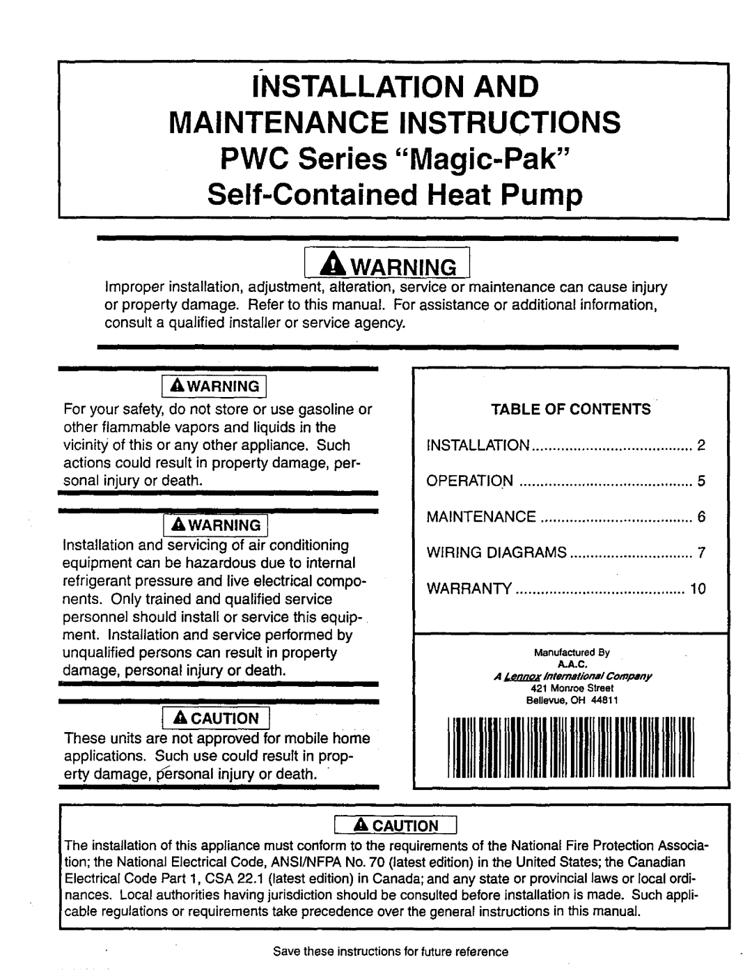 Lennox International Inc PWC302, PWC24E9.2 warranty A Caution, IIIIIIIIIIIIll, Installation And Maintenance Instructions 