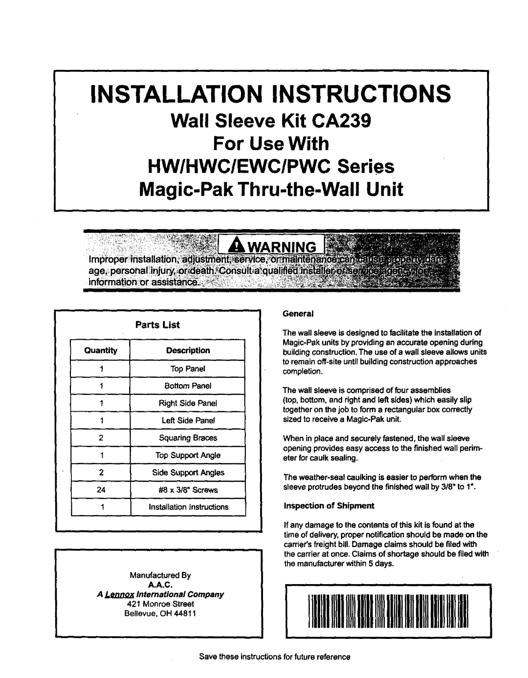 Lennox International Inc PWC24E7.2 Wall Sleeve Kit CA239 For Use With, HW/HWC/EWC/PWC Series Magic-Pak Thru-the-WallUnit 