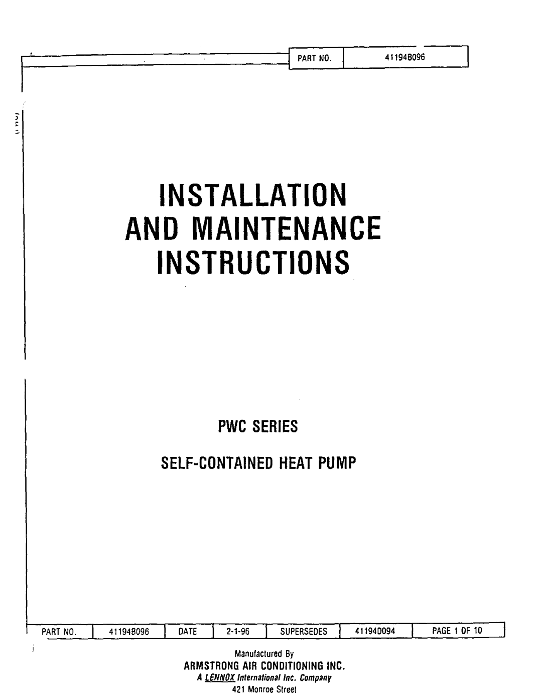 Lennox International Inc PWC18E14.7 Pwcseries Self-Containedheatpump, Installation And Maintenance Instructions, I A It 