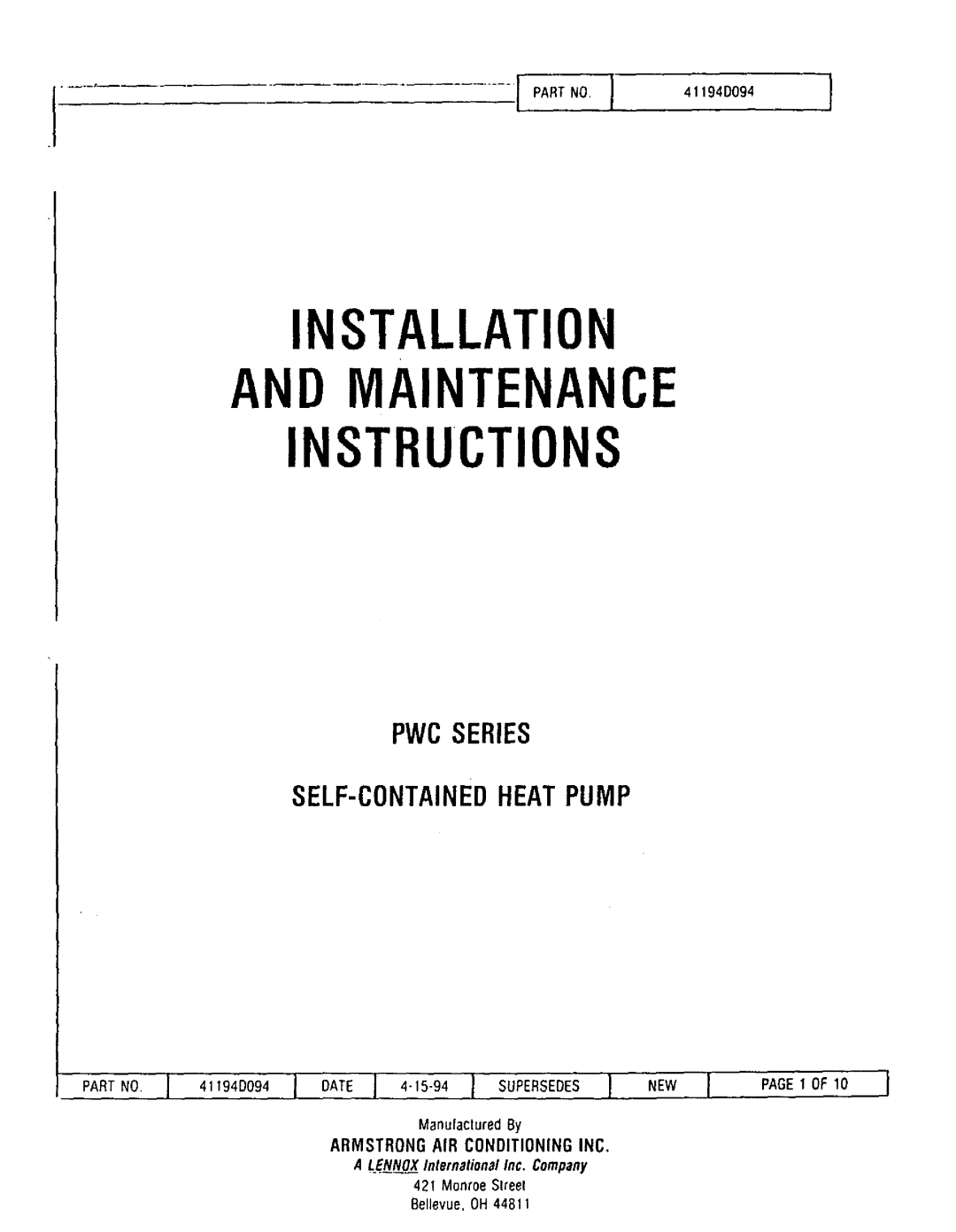 Lennox International Inc PWGI8E7.2, PWC24E9.2, PWC302 Idnstallation, An Maintenance, Instructions, PA...I o, .,,9.o09.I 