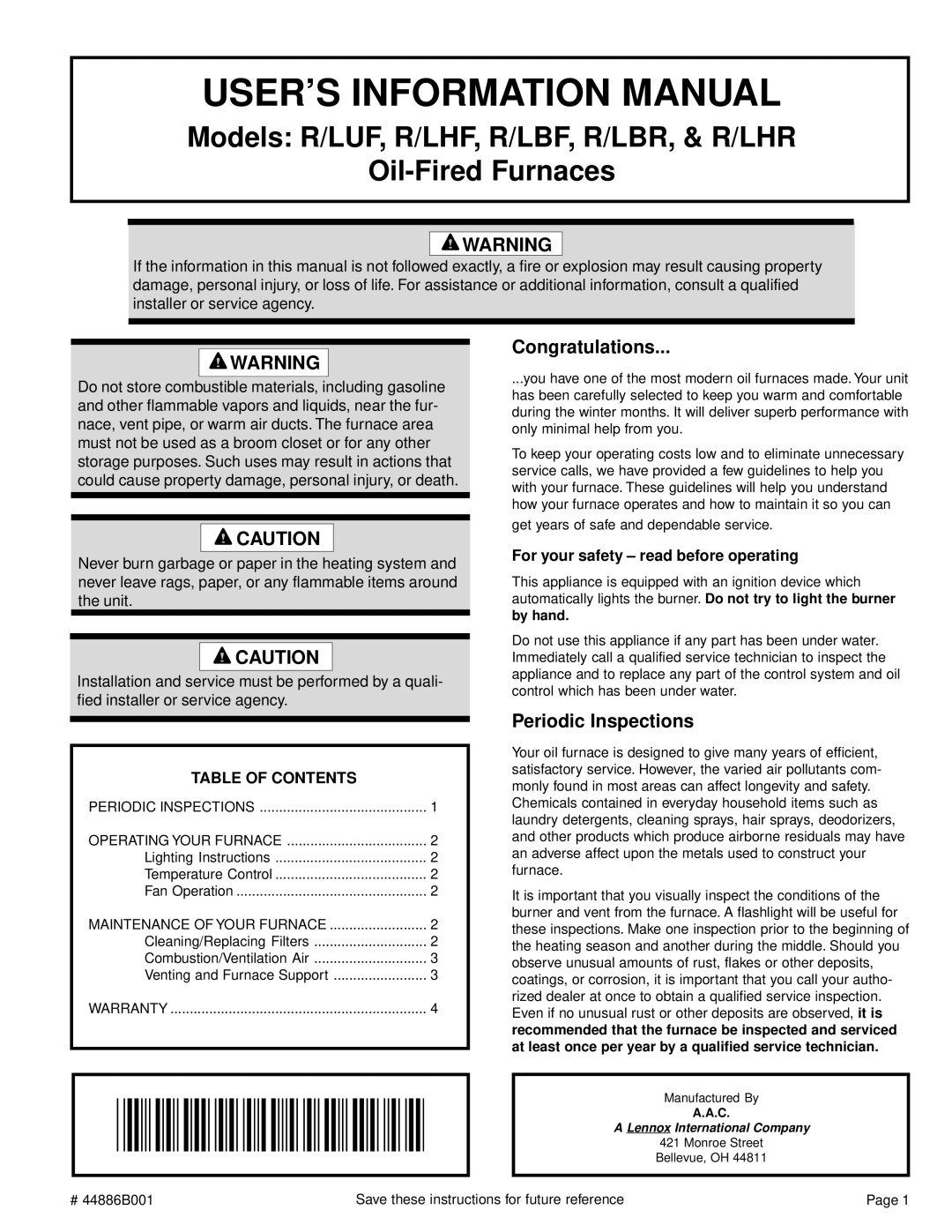 Lennox International Inc R/LBF, R/LUF, R/LHR, R/LBR, R/LHF warranty Congratulations, Periodic Inspections 