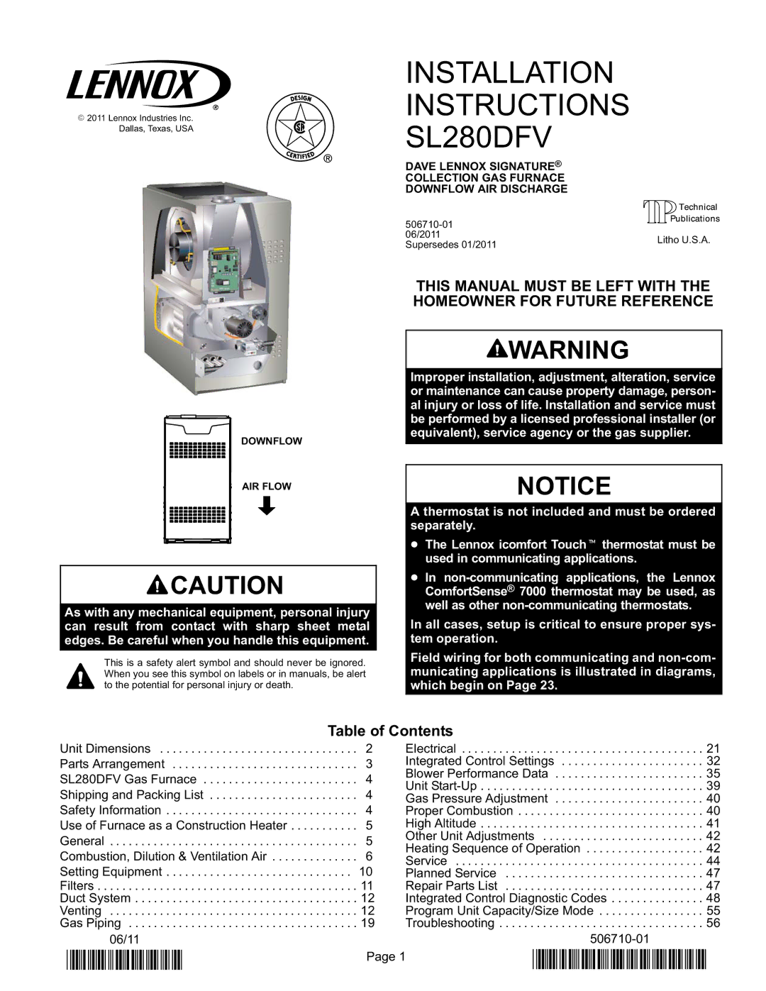 Lennox International Inc DAVE LENNOX SIGNATURE COLLECTION GAS FURNACE installation instructions Table of Contents 