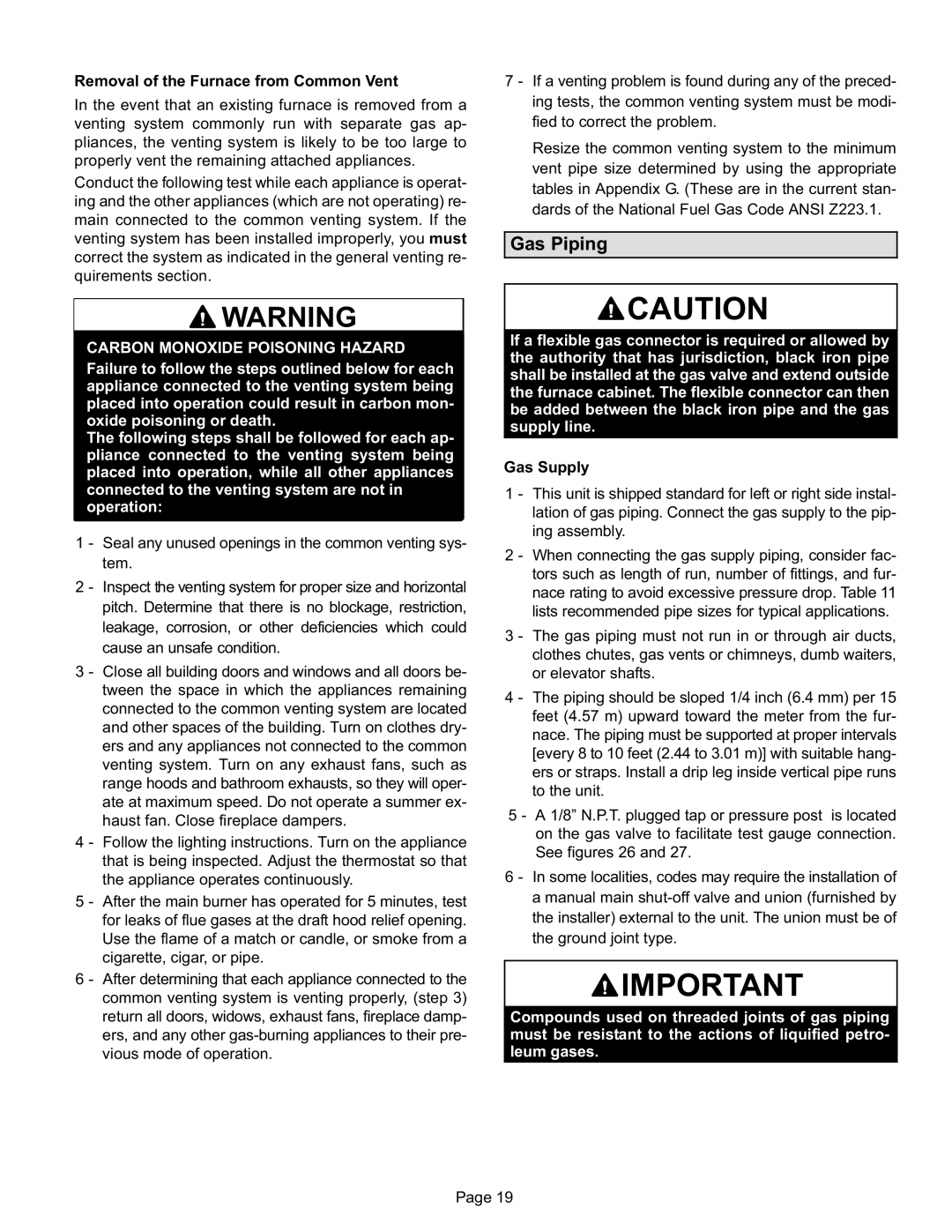 Lennox International Inc DAVE LENNOX SIGNATURE COLLECTION GAS FURNACE Gas Piping, Carbon Monoxide Poisoning Hazard 