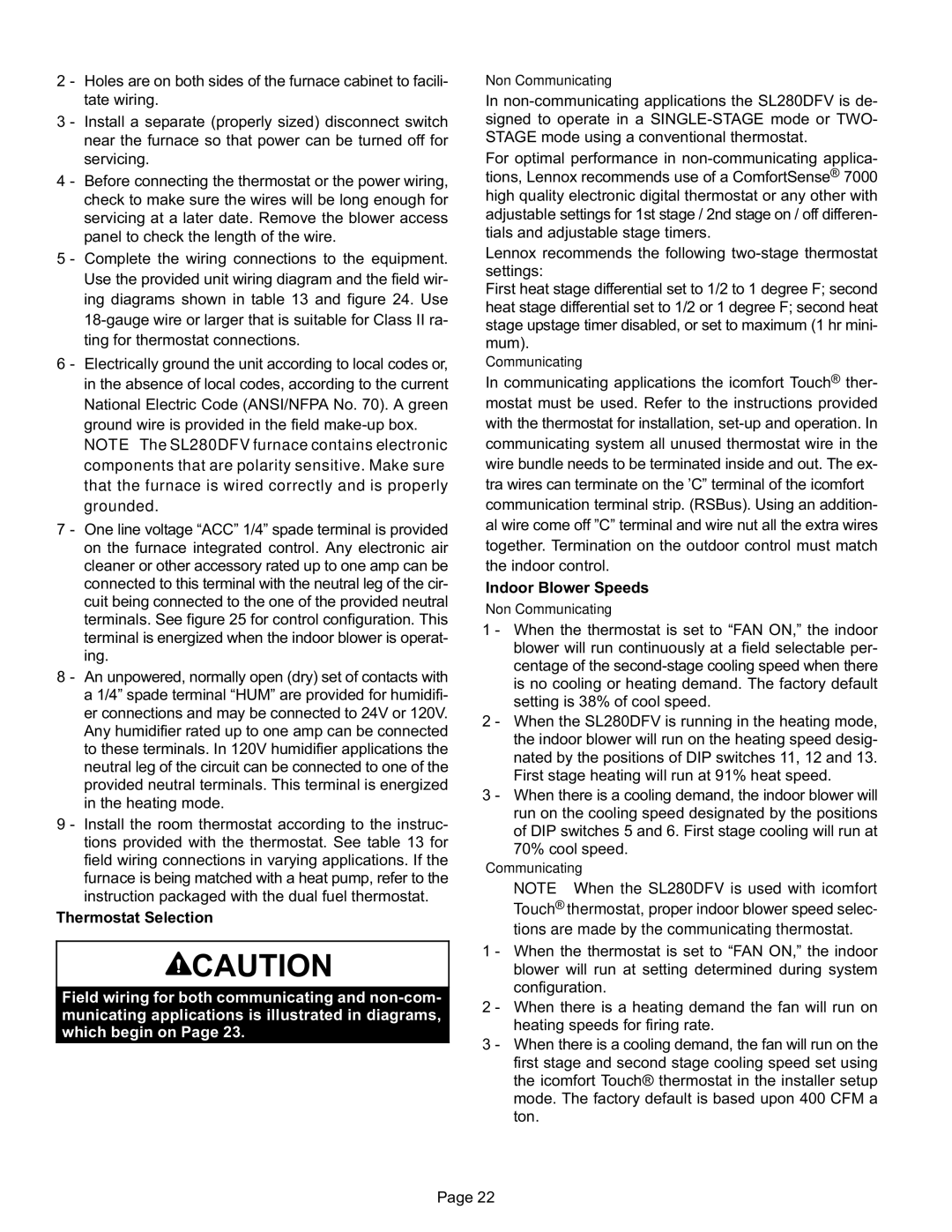 Lennox International Inc SL280DFV, DAVE LENNOX SIGNATURE COLLECTION GAS FURNACE installation instructions Non−Communicating 