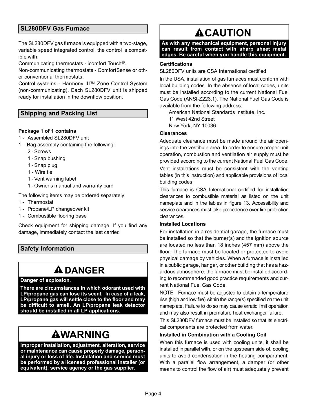 Lennox International Inc installation instructions SL280DFV Gas Furnace, Shipping and Packing List, Safety Information 