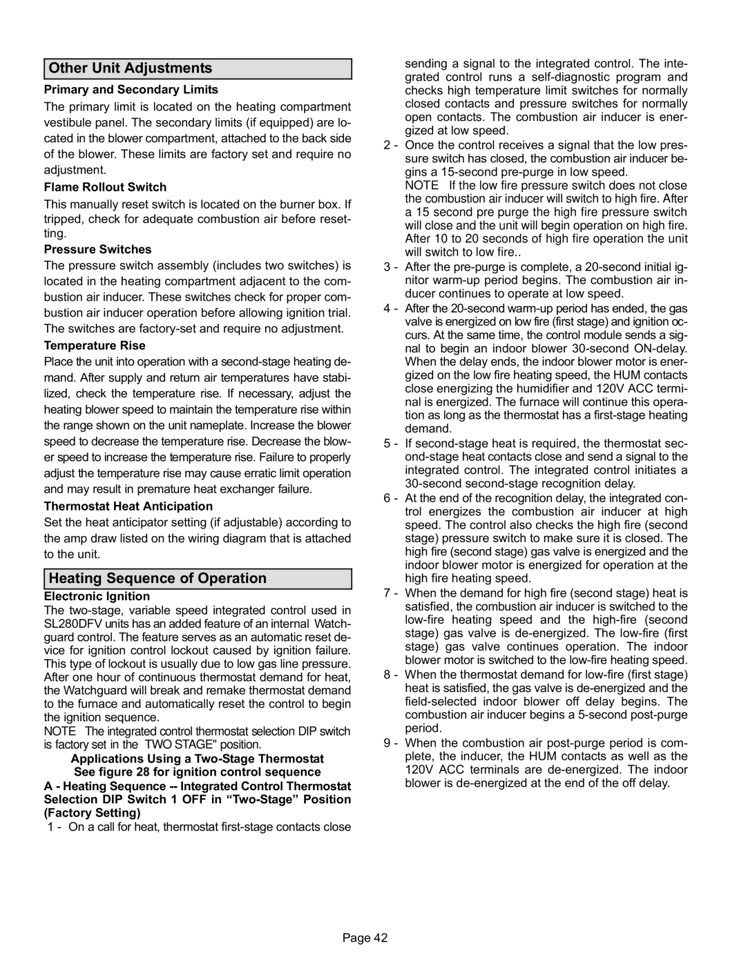 Lennox International Inc SL280DFV installation instructions Other Unit Adjustments, Heating Sequence of Operation 