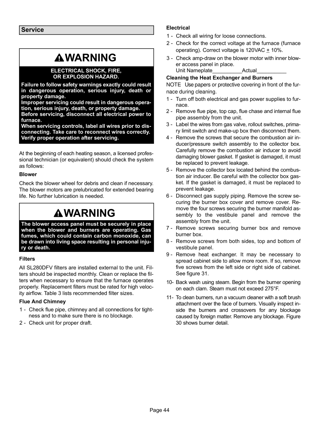 Lennox International Inc SL280DFV installation instructions Service, Electrical SHOCK, Fire Or Explosion Hazard 