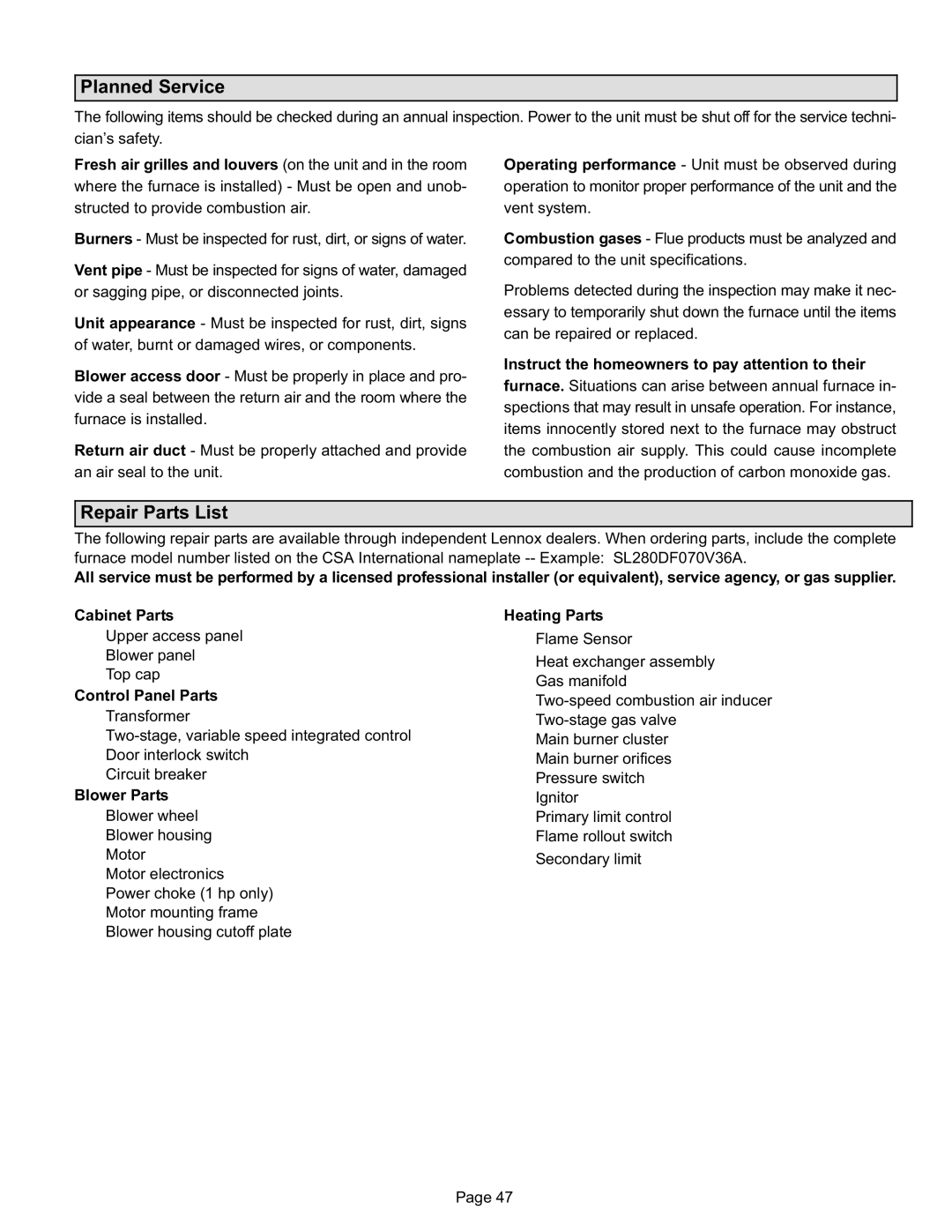 Lennox International Inc DAVE LENNOX SIGNATURE COLLECTION GAS FURNACE, SL280DFV Planned Service, Repair Parts List 