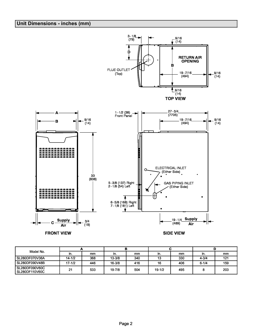 Lennox International Inc SL280DFV Unit Dimensions − inches mm, Front View, Top View, Side View, A B CSupply Air, Opening 