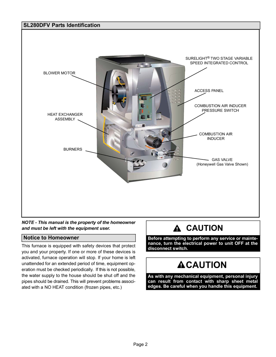 Lennox International Inc manual SL280DFV Parts Identification 