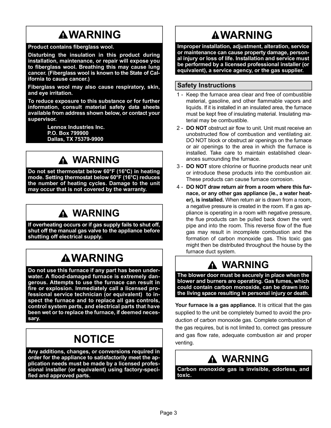 Lennox International Inc SL280DFV manual Safety Instructions, Carbon monoxide gas is invisible, odorless, and toxic 