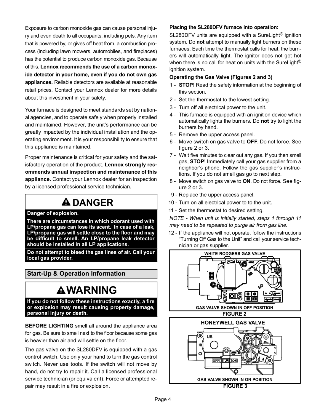 Lennox International Inc SL280DFV manual Start−Up & Operation Information, Honeywell GAS Valve 