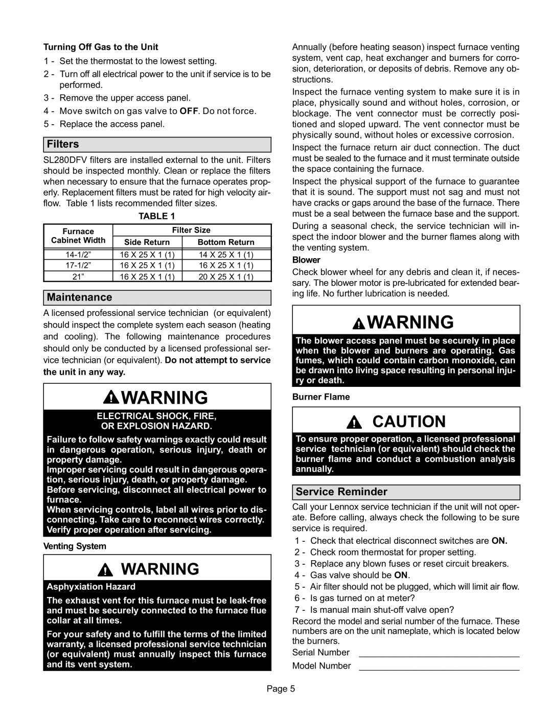 Lennox International Inc SL280DFV manual Filters, Maintenance, Service Reminder 