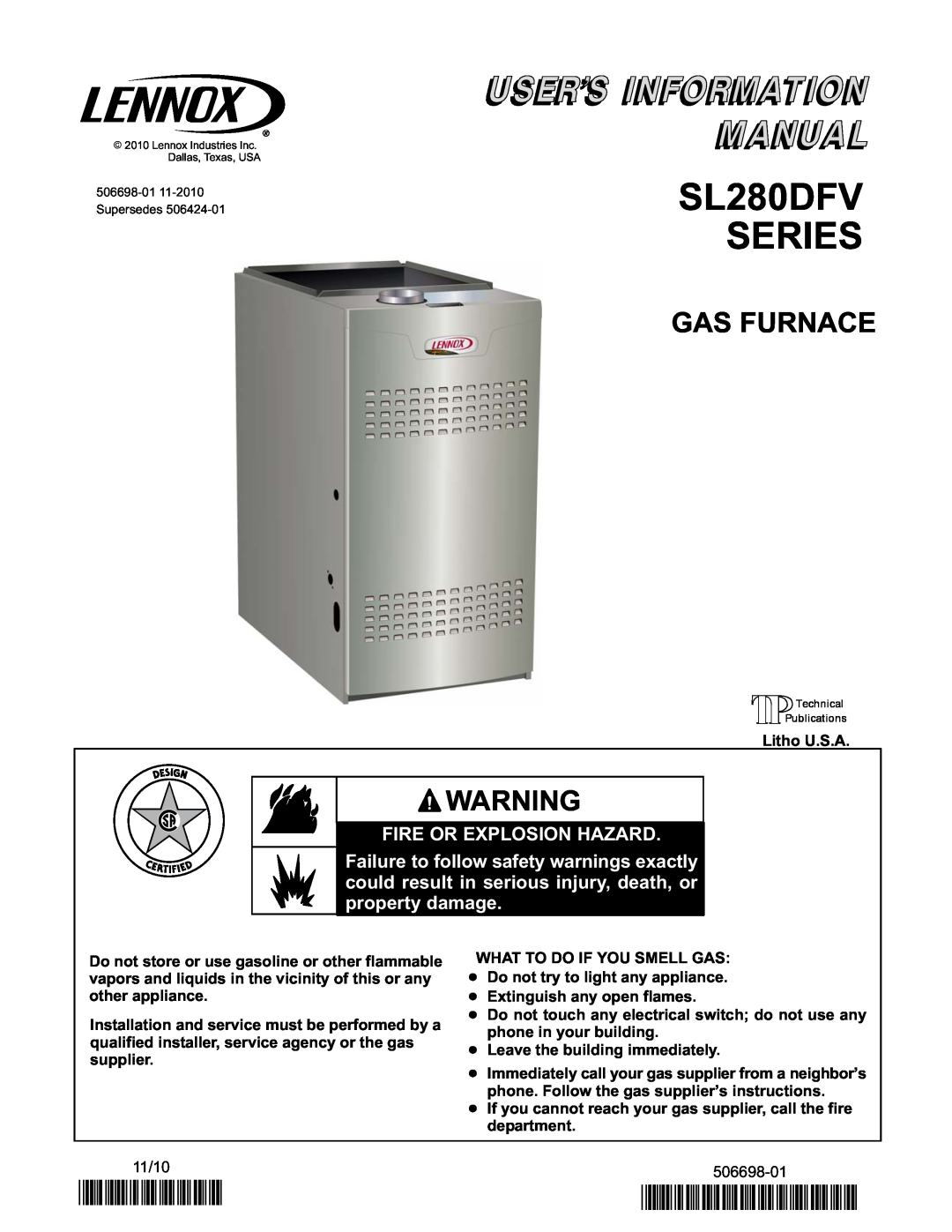 Lennox International Inc manual Gas Furnace, SL280DFV SERIES, 2P1110, P506698-01, Fire Or Explosion Hazard 