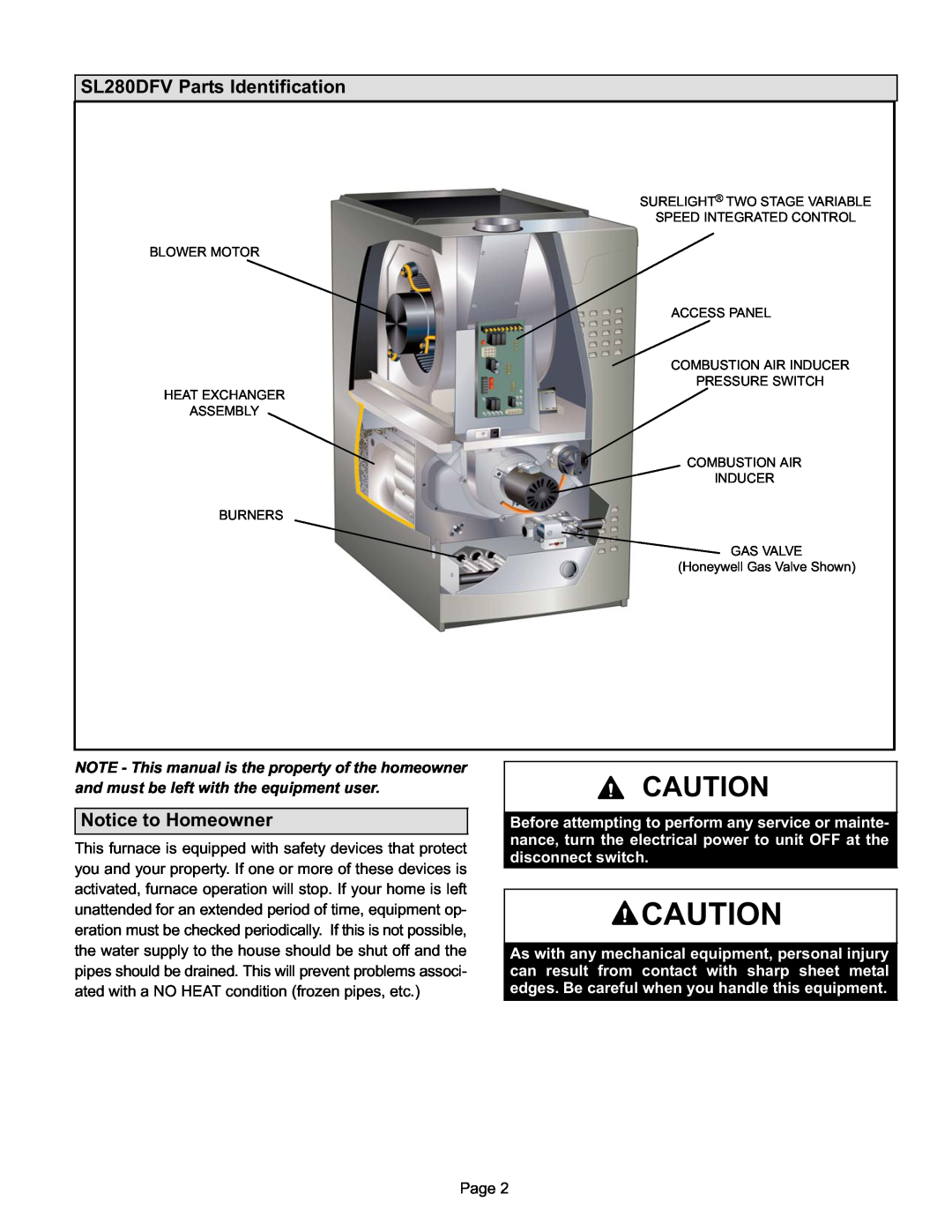 Lennox International Inc manual SL280DFV Parts Identification, Notice to Homeowner, Page 