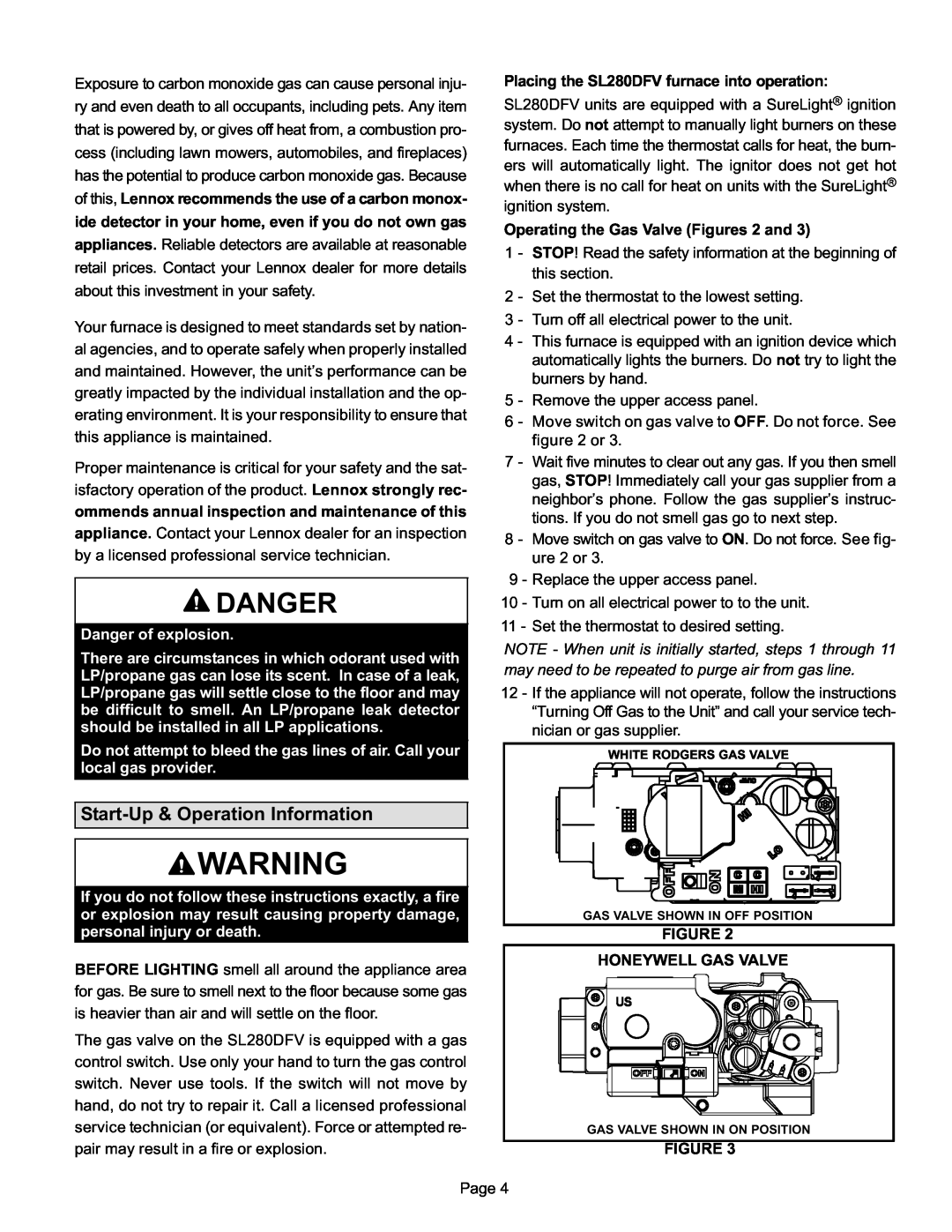 Lennox International Inc SL280DFV manual Danger, Start−Up & Operation Information 
