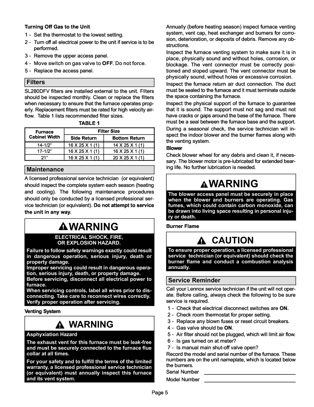 Lennox International Inc SL280DFV manual Filters, Maintenance, Service Reminder 