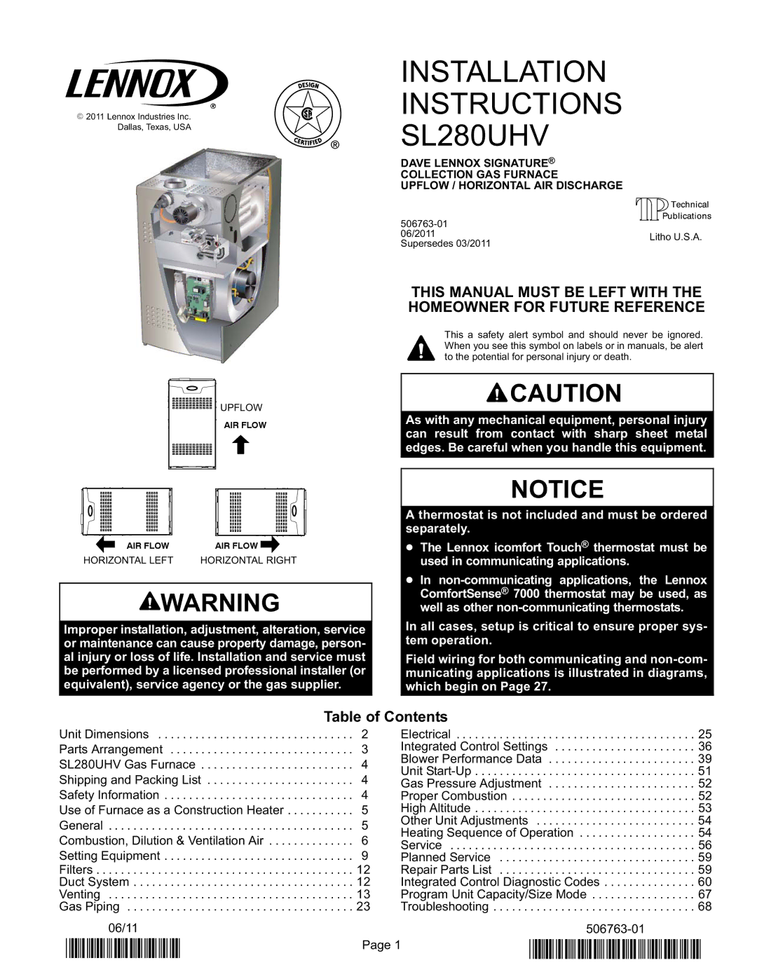 Lennox International Inc SL280UH070V36A installation instructions Installation Instructions SL280UHV, Table of Contents 