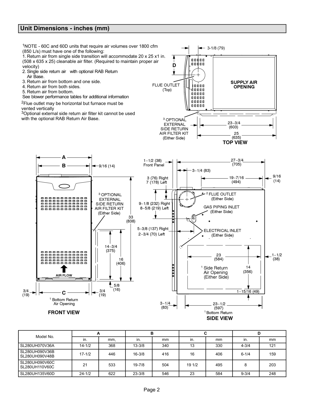 Lennox International Inc SL280UH090V36B Unit Dimensions − inches mm, Return air from both sides, Side Return Air Opening 