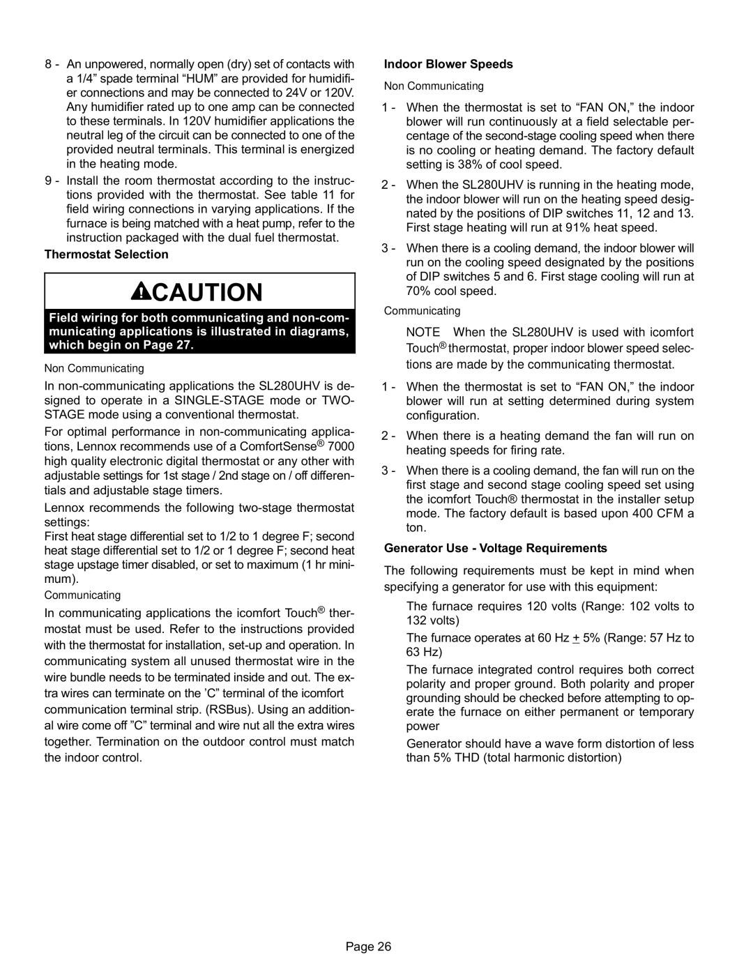 Lennox International Inc SL280UH090V36B, SL280UH090V48B, SL280UH070V36A installation instructions Non−Communicating 